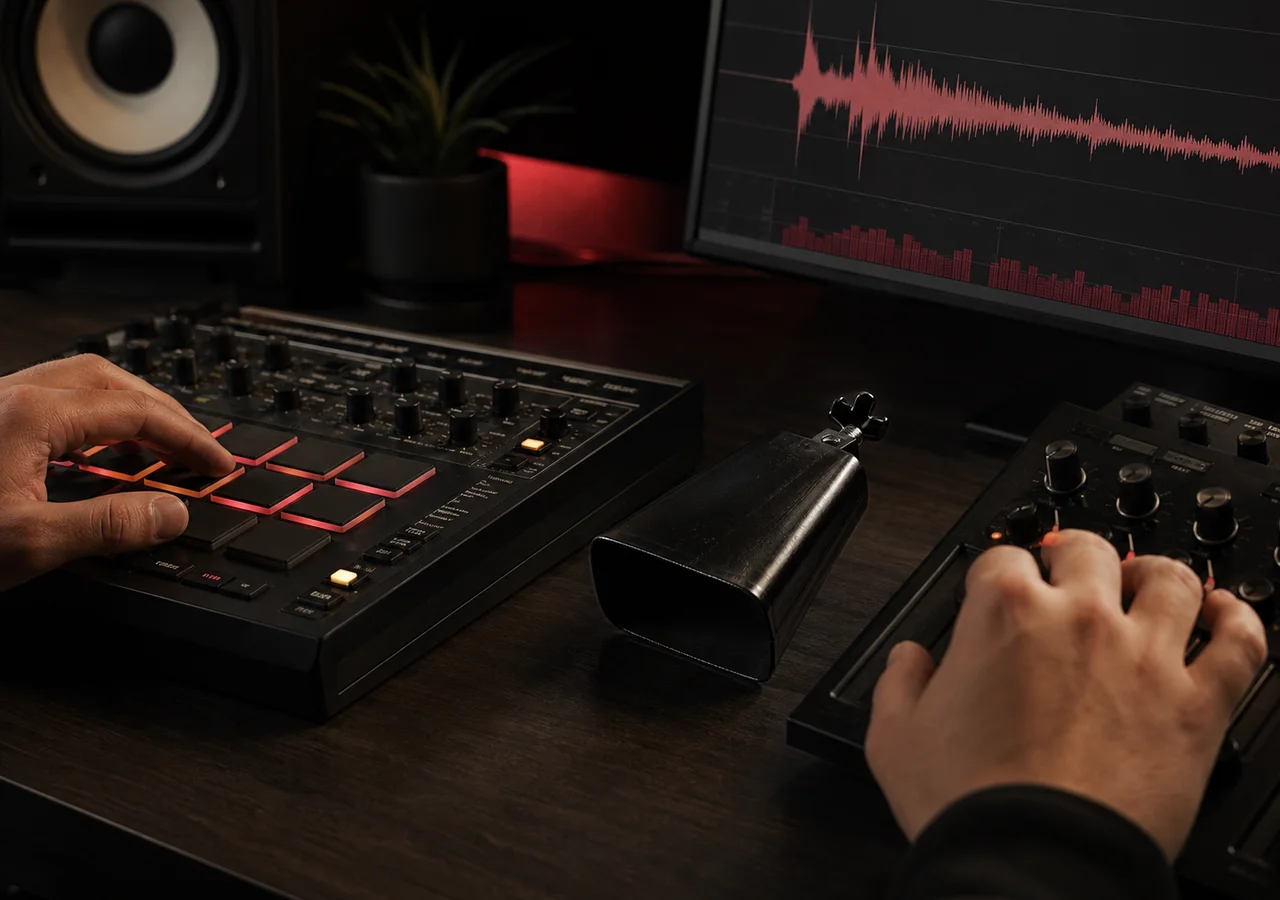 Setup de beatmaking avec motif de cowbell, forme d’onde de basse et pads de batterie