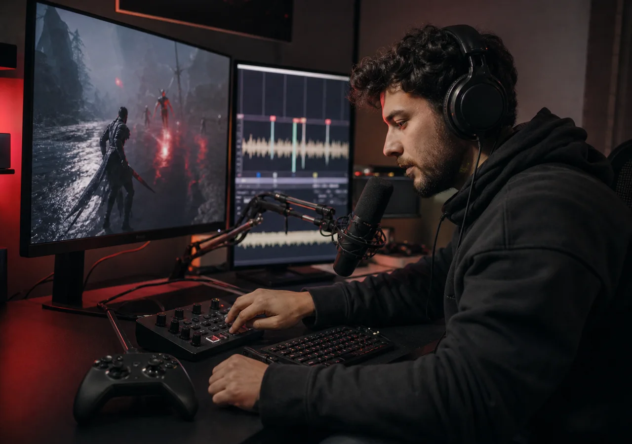 Créateur gaming vérifiant un montage d’action avec une piste Phonk lourde