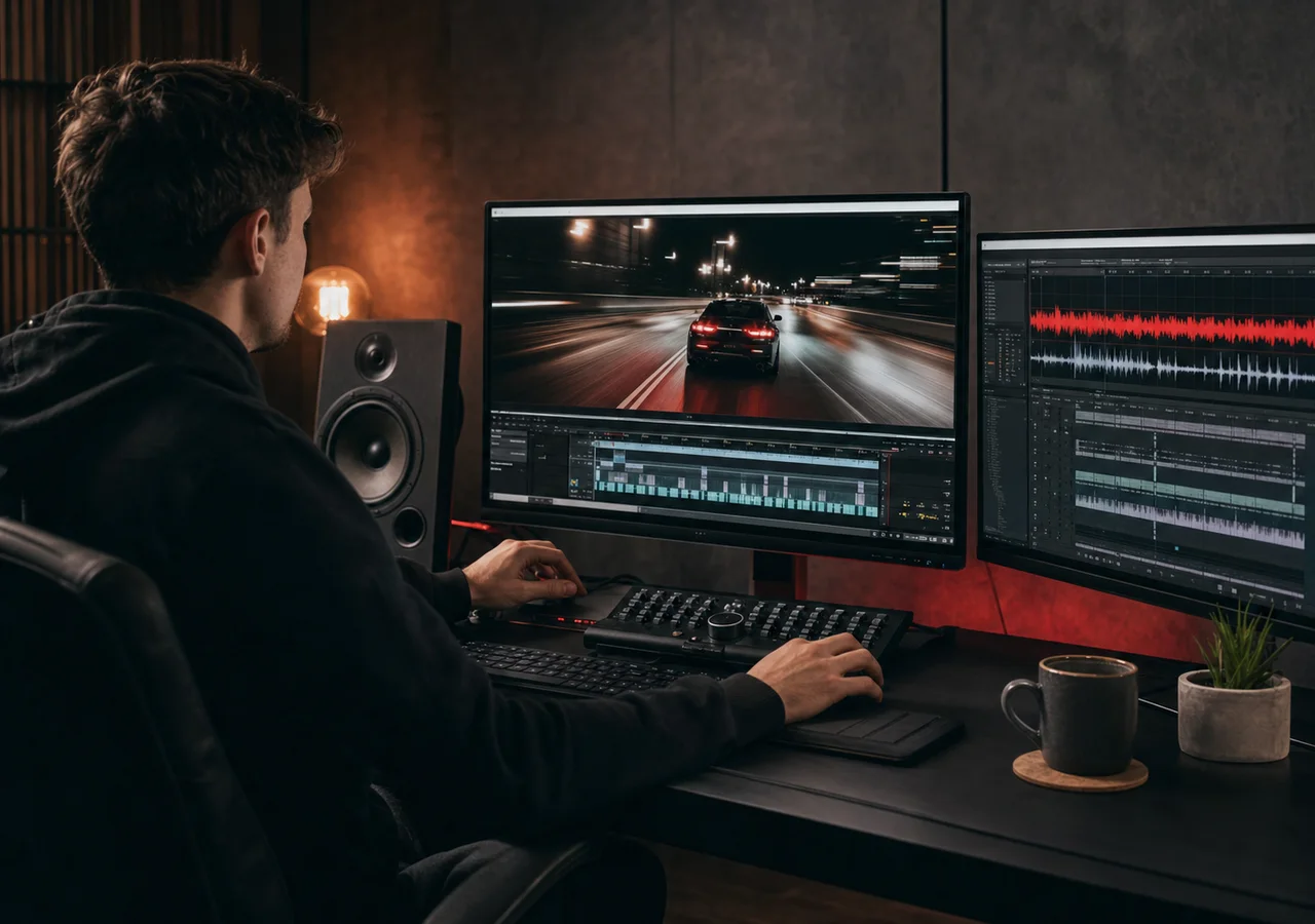 Espace de montage sombre associant une scène automobile à une timeline Phonk compacte