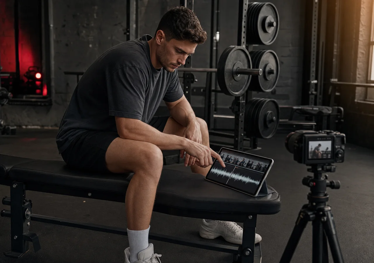 Créateur fitness montant une vidéo d’entraînement avec une timeline de basse